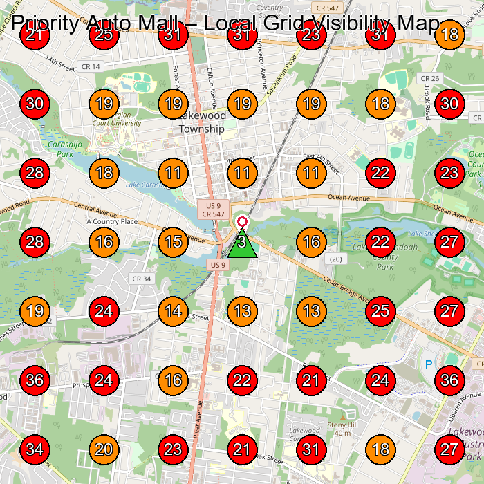 Priority Auto Mall GeoGrid visibility map for Used Car Dealer in Lakewood